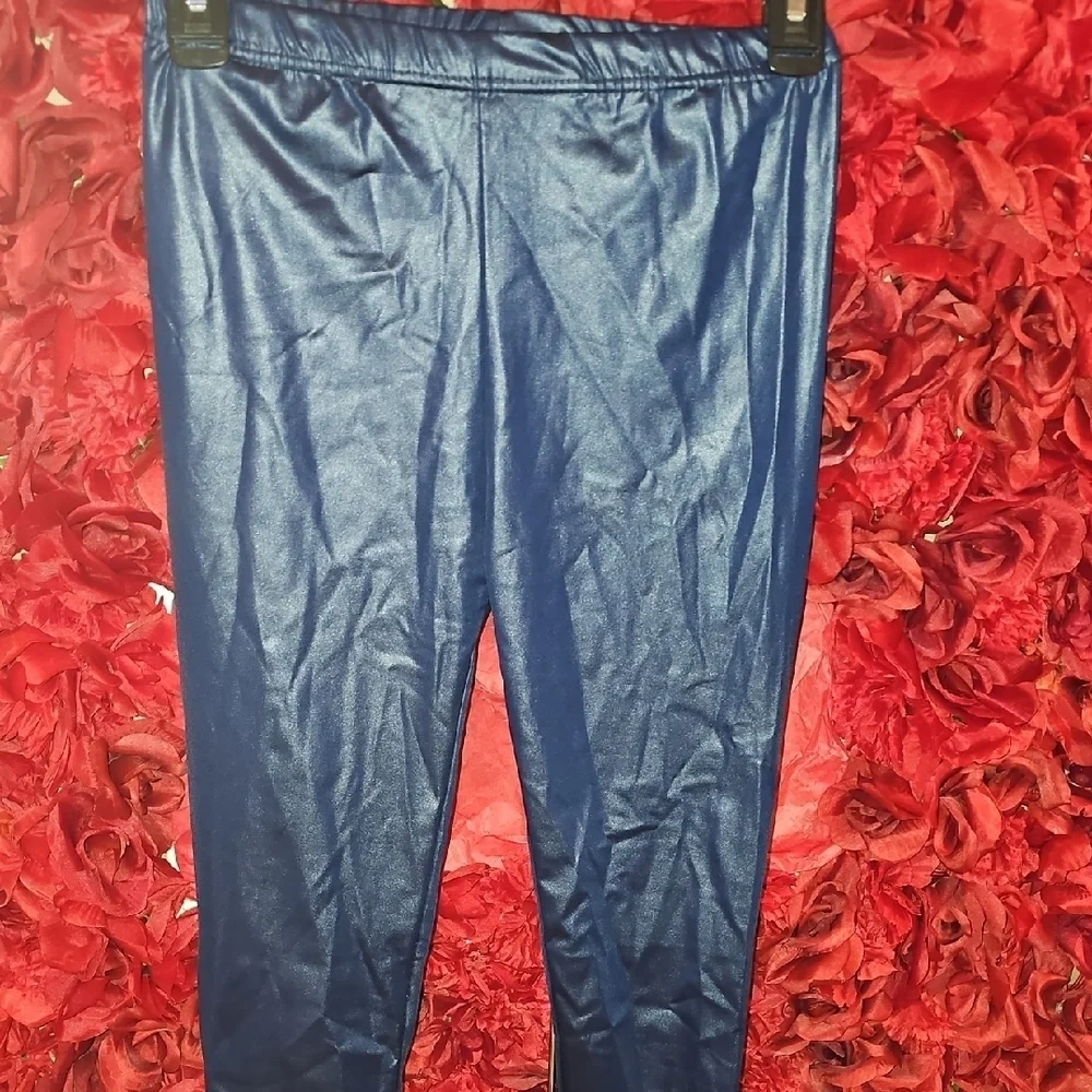 Girls Shiny Blue Leggings Size Xlarge